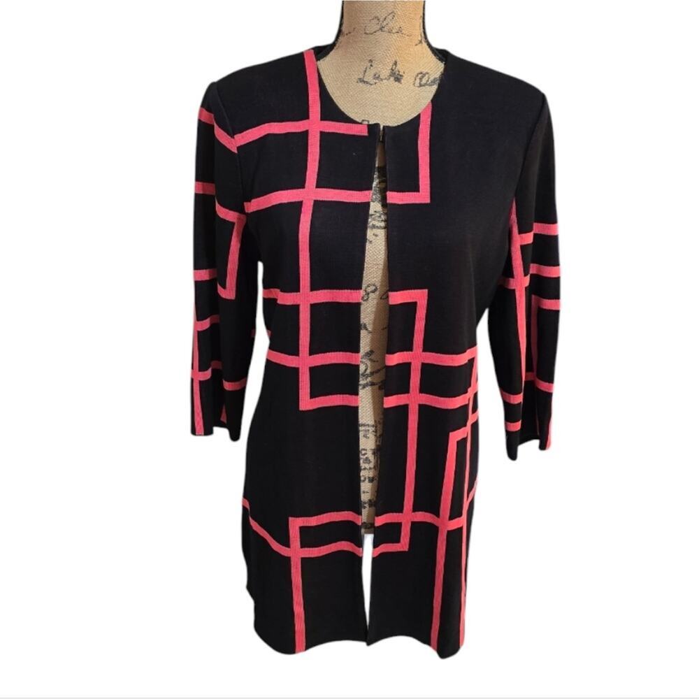 Misook Pink and Black Geometric Cardigan Sweater Women's Size Small